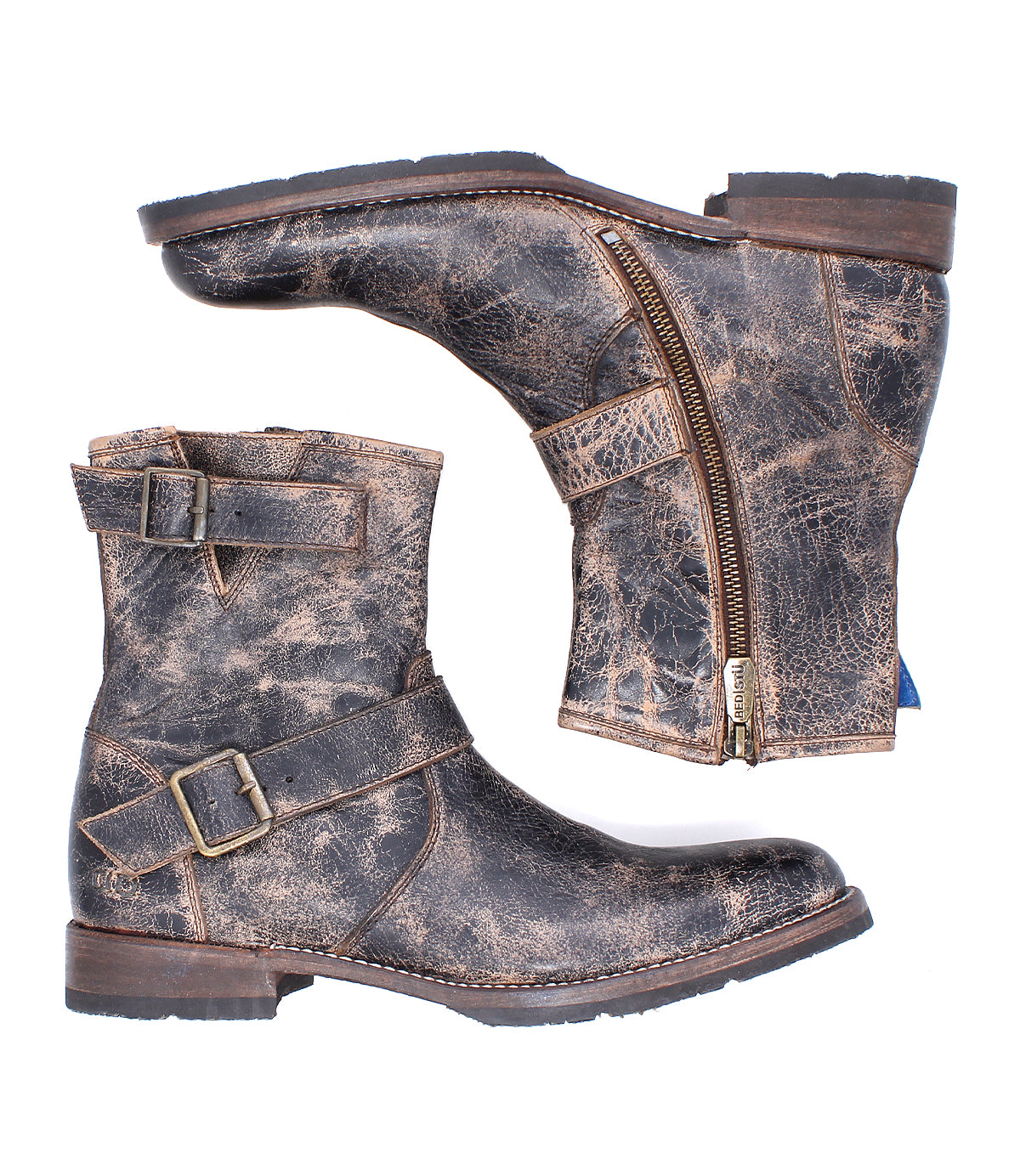 Bed|Stü’s Fellow boots are distressed brown leather ankle boots with buckles and side zippers, featuring classic moto boot styling and rugged staple appeal, shown from side and top views against a white background.