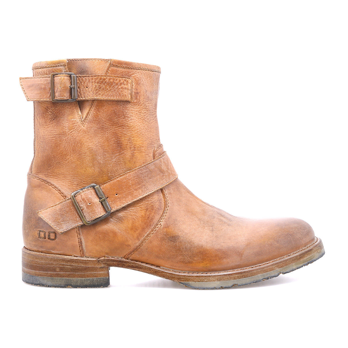 Distressed brown leather ankle boot by Bed|Stü, the Fellow features two buckle straps, a low heel, and a subtly scuffed sole. Showcasing classic Goodyear welt construction for long-lasting durability, this rugged staple is pictured in profile facing left on a white background and brings timeless moto boot style to any wardrobe.