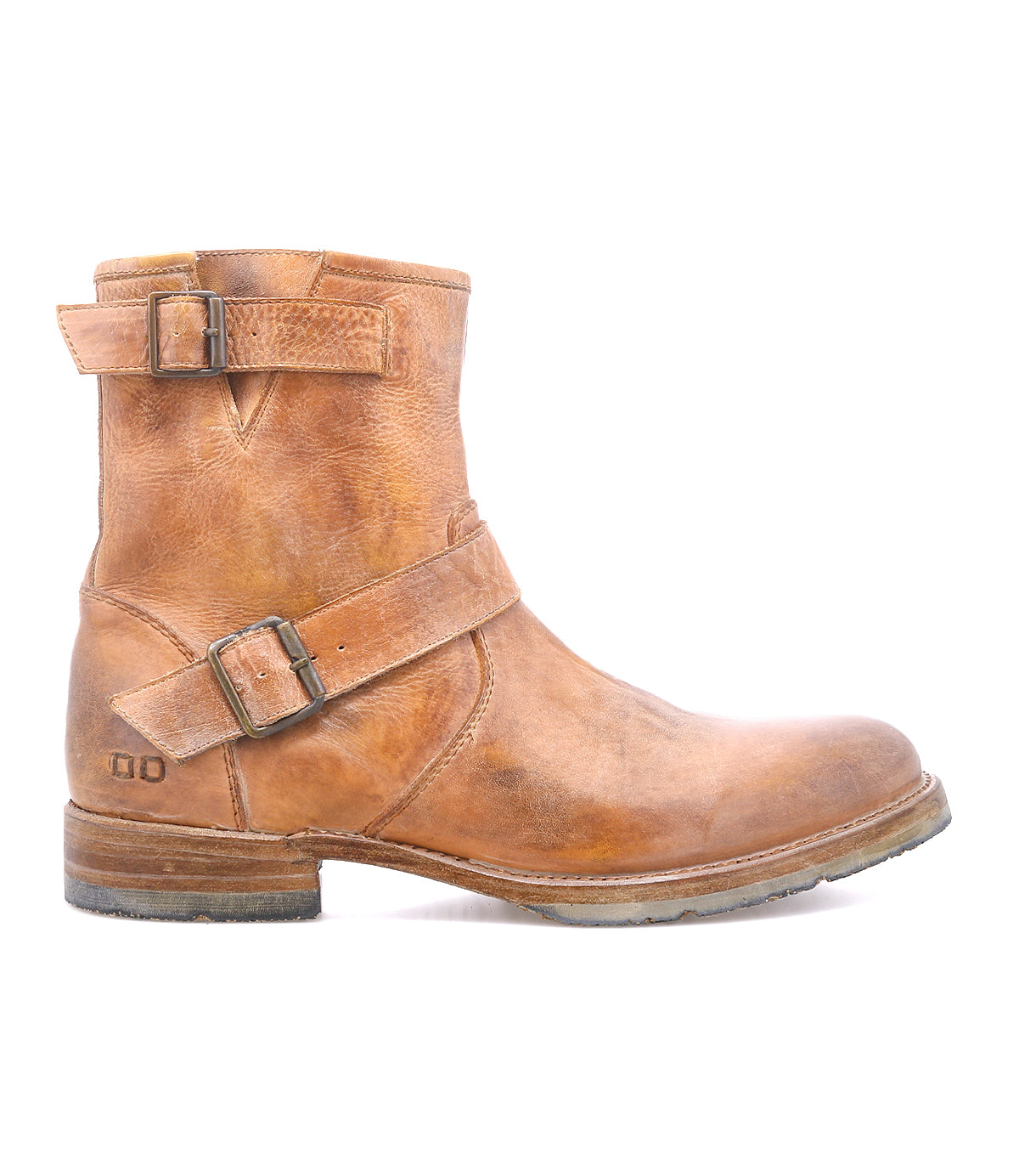 Distressed brown leather ankle boot by Bed|Stü, the Fellow features two buckle straps, a low heel, and a subtly scuffed sole. Showcasing classic Goodyear welt construction for long-lasting durability, this rugged staple is pictured in profile facing left on a white background and brings timeless moto boot style to any wardrobe.