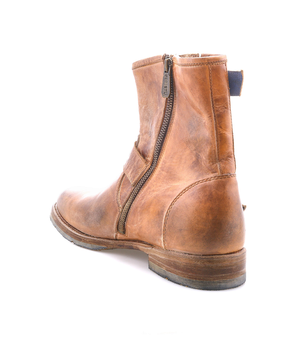 A single Bed|Stü Fellow tan leather ankle boot with sturdy Goodyear welt construction, featuring a side zipper and visible wear and creasing, photographed on a white background.