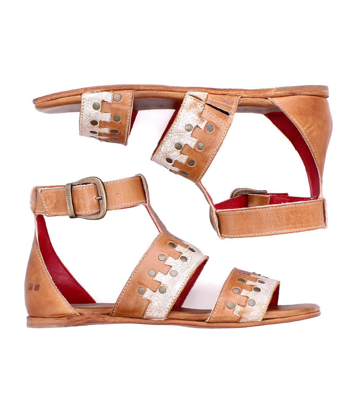 A pair of Bed|Stü Fibril tan and gold open-toe bohemian sandals with adjustable buckle straps and elegant hand-woven leather details, displayed side by side on a white background.