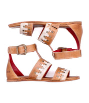 A pair of Bed|Stü Fibril tan and gold open-toe bohemian sandals with adjustable buckle straps and elegant hand-woven leather details, displayed side by side on a white background.