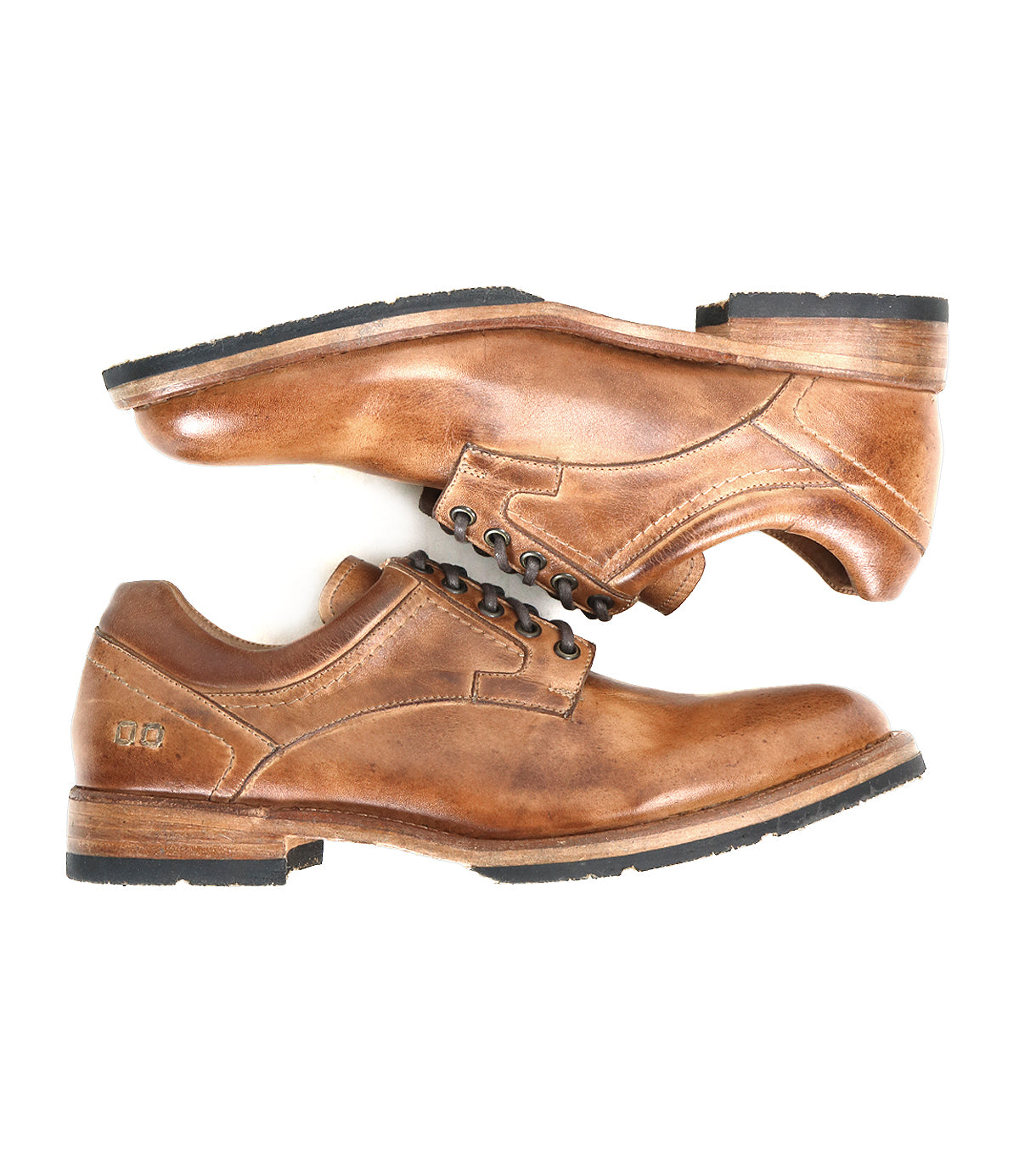 A pair of Bed|Stü Fierce brown washed leather derby dress shoes with black Goodyear welt soles, displayed side by side on a white background.