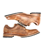 A pair of Bed|Stü Fierce brown washed leather derby dress shoes with black Goodyear welt soles, displayed side by side on a white background.