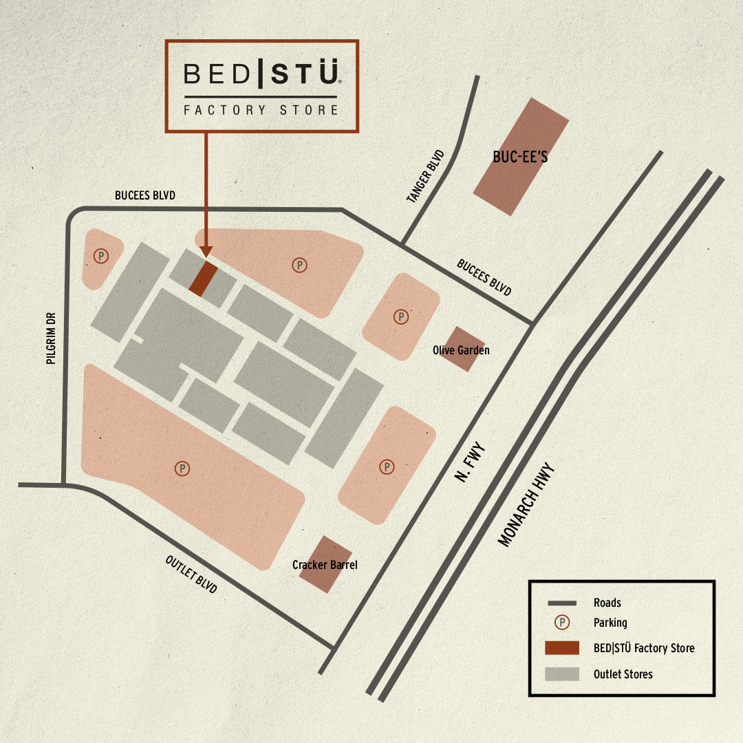 Map showing the BED|STÜ Factory Store location in an outlet shopping area near Buc-ee’s Boulevard, N. Fwy, and Monarch Hwy.