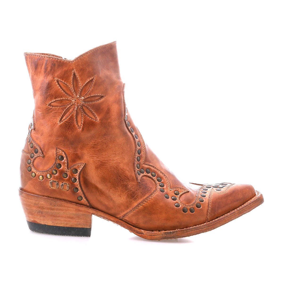 Frio by Bed|Stü is a brown leather Western bootie featuring decorative stitching, antiqued brass studs, and a star pattern on the side, finished with a low stacked heel; shown in profile against a white background.