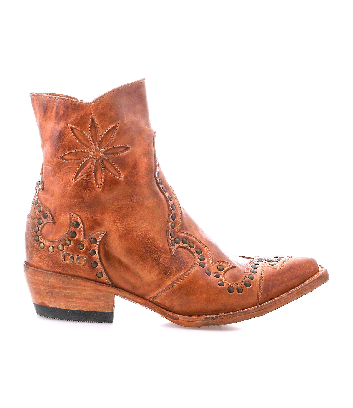 Frio by Bed|Stü is a brown leather Western bootie featuring decorative stitching, antiqued brass studs, and a star pattern on the side, finished with a low stacked heel; shown in profile against a white background.