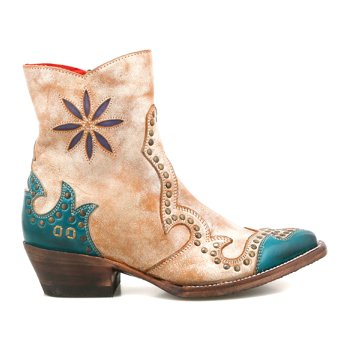 Frio Western bootie by Bed|Stü in tan and teal leather, featuring decorative stitching, antiqued brass stud accents, and a star-shaped cutout, shown from the side against a white background.