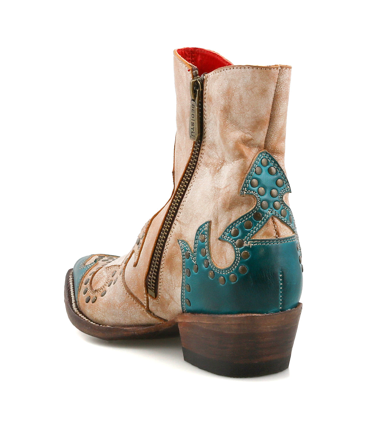 The Frio by Bed|Stü is a tan and teal Western bootie featuring decorative stitching, floral cutout details, antiqued brass studs, a side zipper, and a low stacked heel, shown from the back.