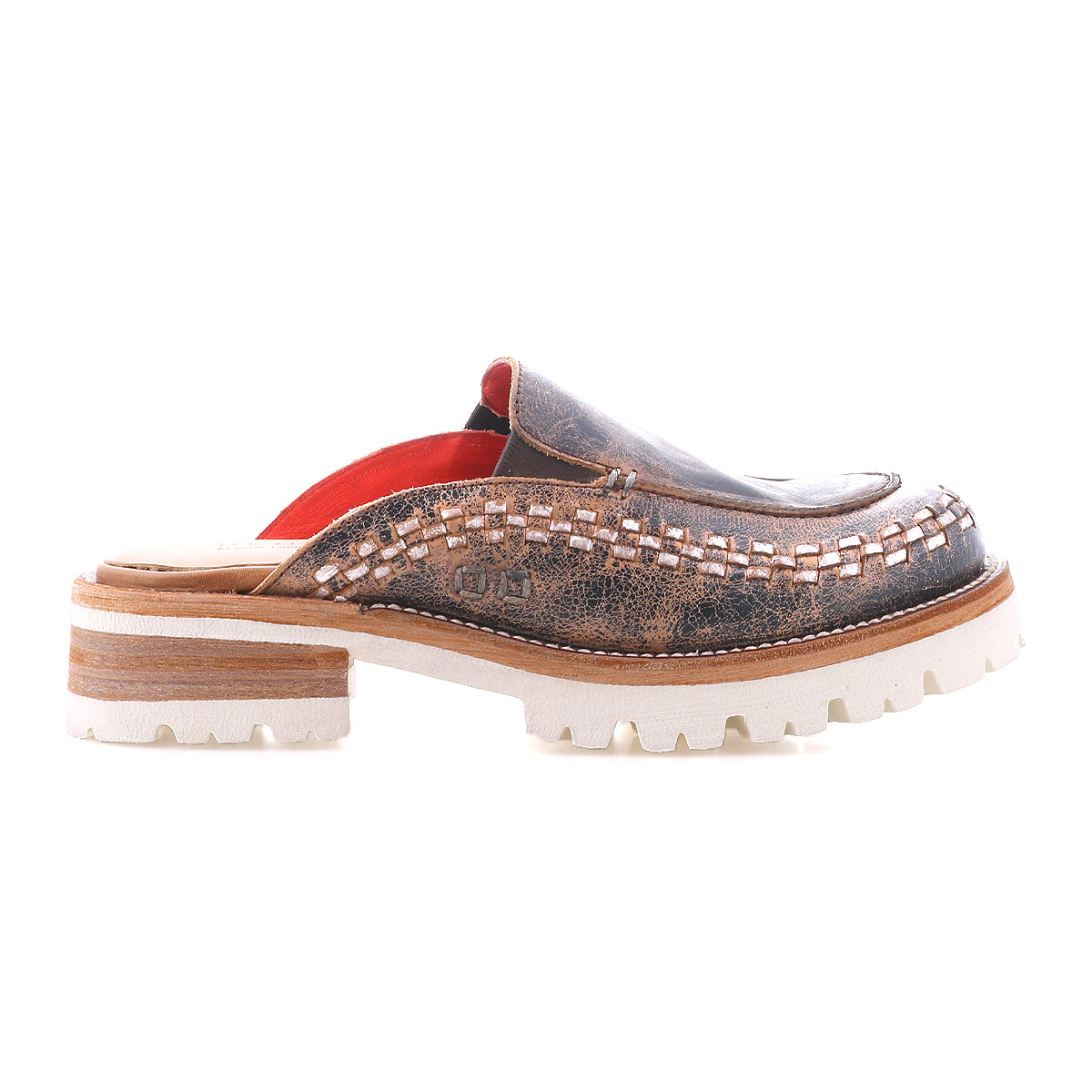 Fuel by Bed|Stü is a brown leather mule featuring decorative stitching, a thick layered XL EXTRALIGHT outsole for a lightweight clog feel, and a red interior, displayed in profile on a white background.