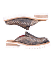 Two Bed|Stü Fuel slip-on shoes in brown, featuring handwoven leather detailing and chunky white XL EXTRALIGHT outsoles, stacked in an alternating, mirrored orientation against a white background.