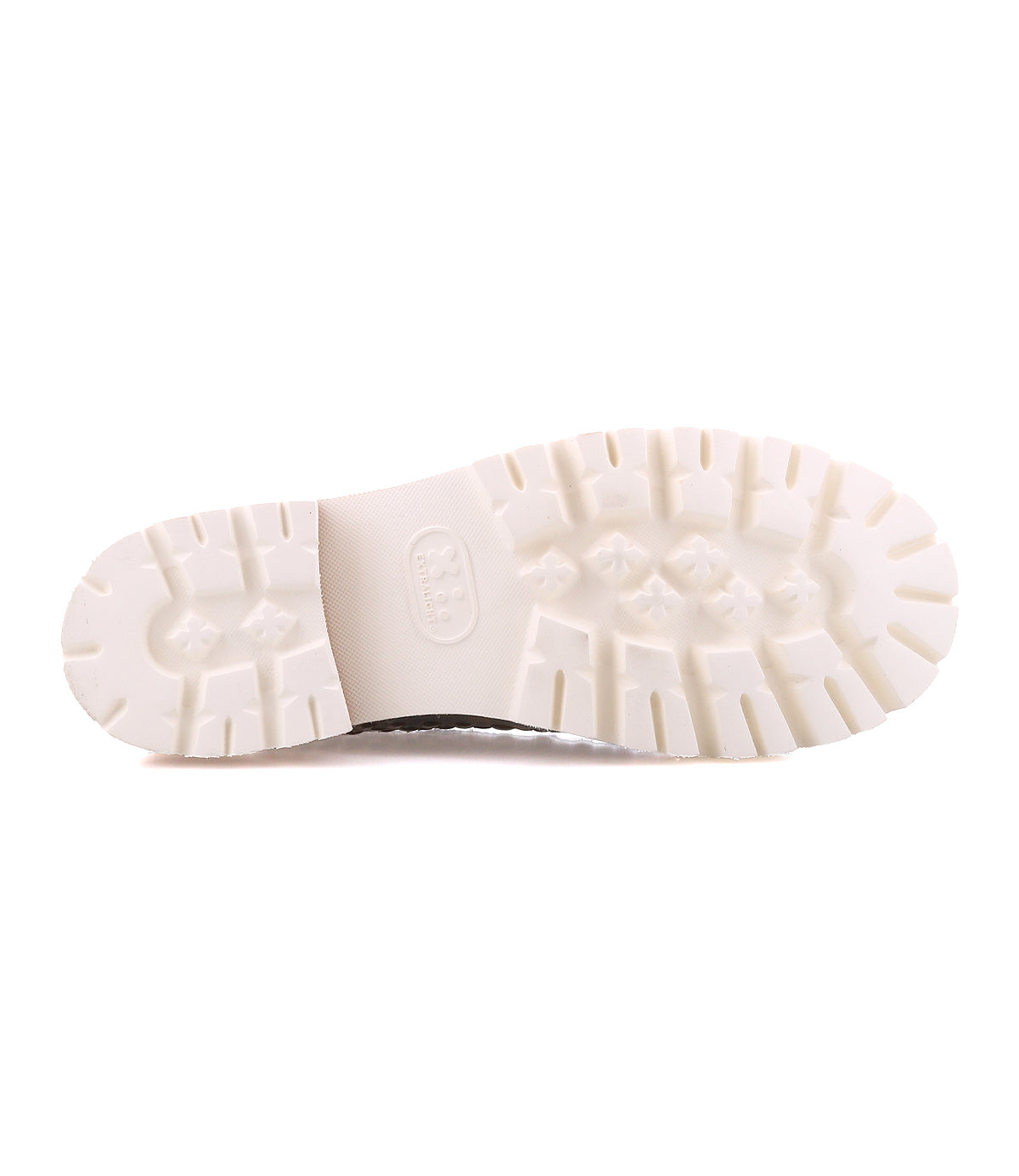 The image shows the white rubber sole of the Bed|Stü Fuel lightweight clog viewed from the bottom, displaying a patterned tread for grip.