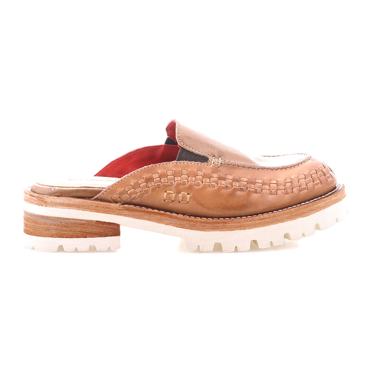 Introducing the Bed|Stü Fuel: a brown handwoven leather slip-on mule featuring a lightweight XL EXTRALIGHT outsole, white lug sole, low wooden heel, and decorative stitching for added comfort and durability.