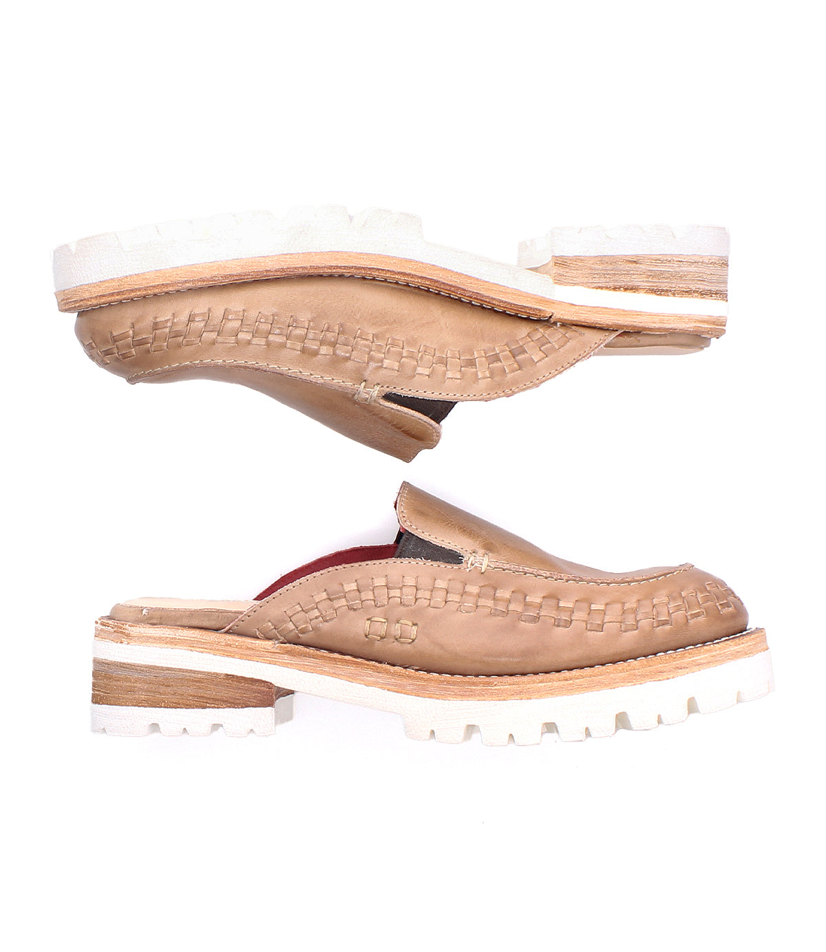 Two tan leather slip-on shoes—Bed|Stü’s Fuel—feature handwoven leather and white, rugged XL EXTRALIGHT outsoles, offering exceptional comfort and style. They are positioned sole to sole against a white background.