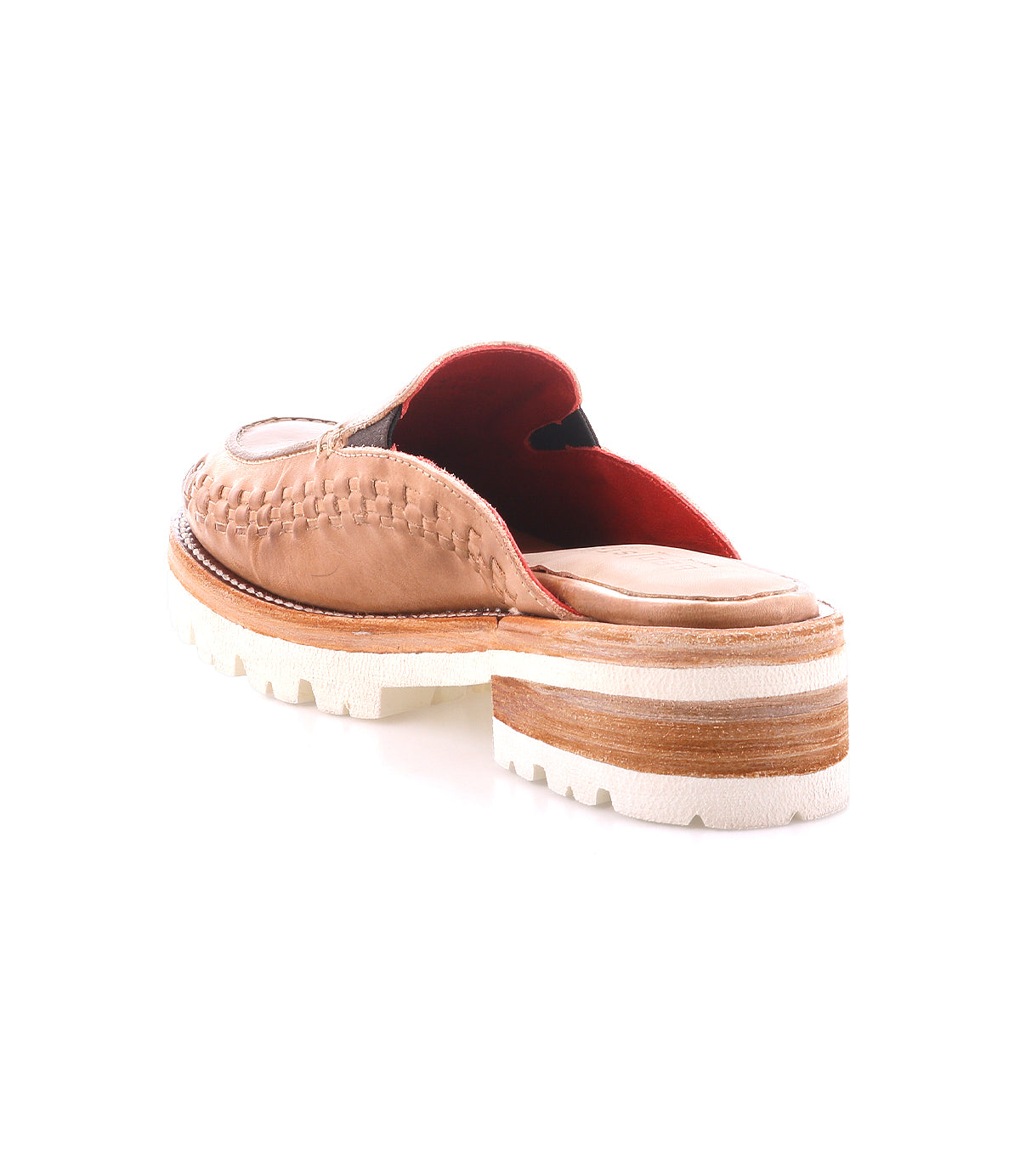 Fuel by Bed|Stü: A tan handwoven leather slip-on with distinctive visible stitching, low heel, and red interior, featuring a white treaded XL EXTRALIGHT outsole; shown from the back on a white background.