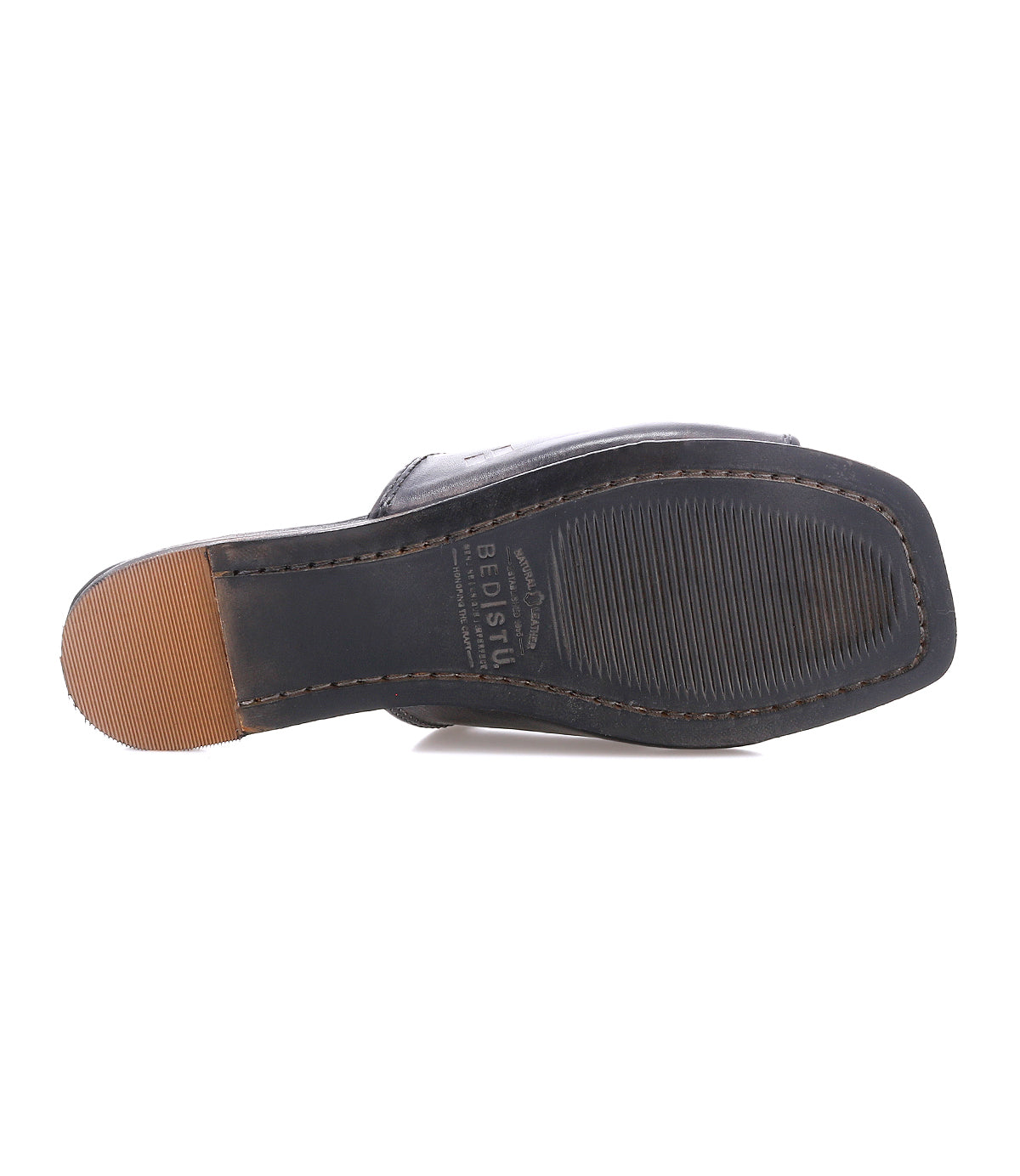 The image shows the bottom view of the Gailee black dress shoe by Bed|Stü, featuring a square toe and visible stitching along the sole, which highlights its comfortable design and cushioned footbed.
