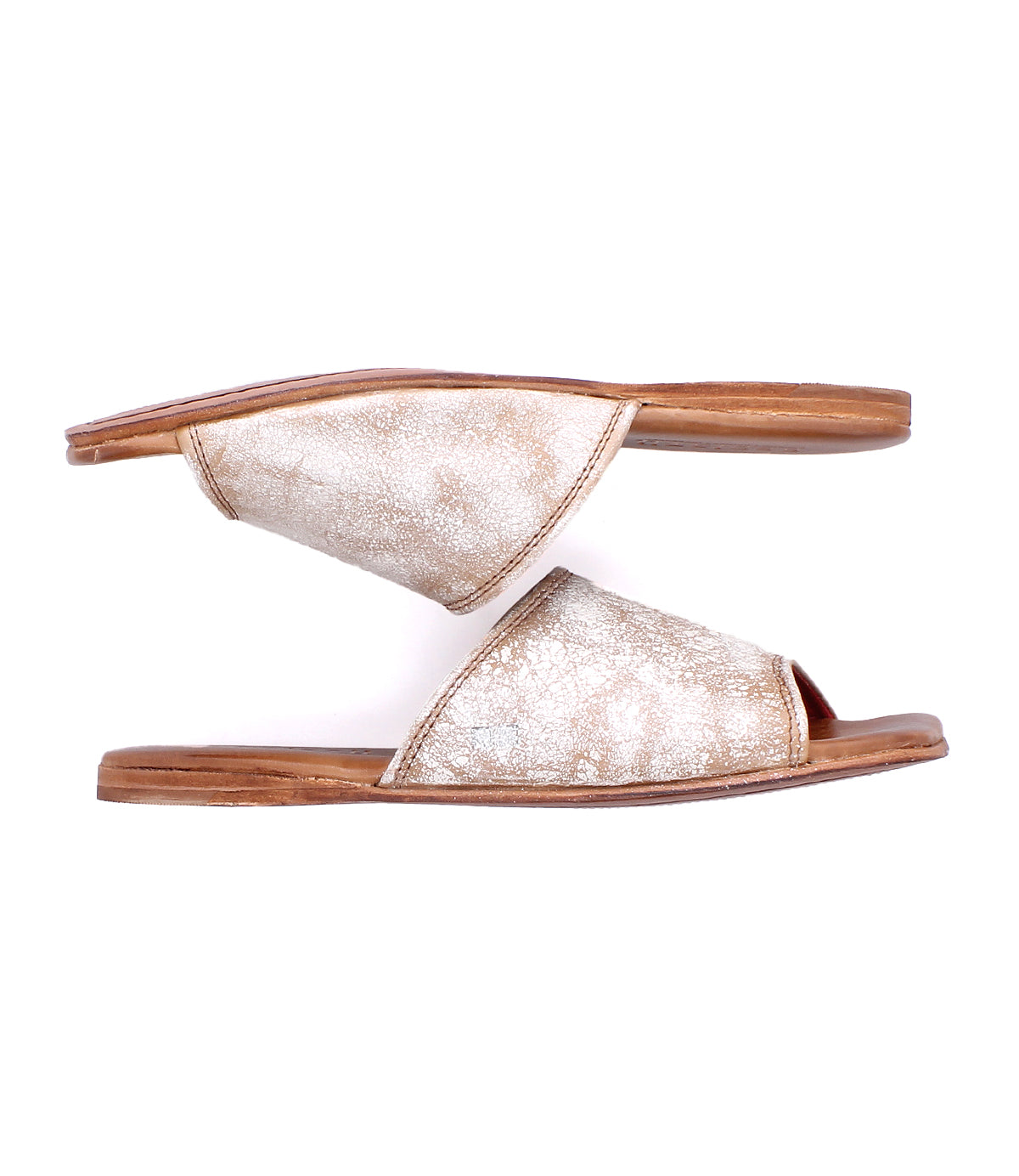 A pair of Gailee open-toe leather slide sandals by Bed|Stü, featuring a gold-colored finish, wooden soles, and a cushioned footbed for comfortable wear, displayed side by side against a white background.