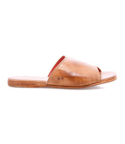 The Gailee by Bed|Stü is a tan leather slide sandal with an open toe and flat sole, featuring a comfortable cushioned footbed, shown from the side against a white background.