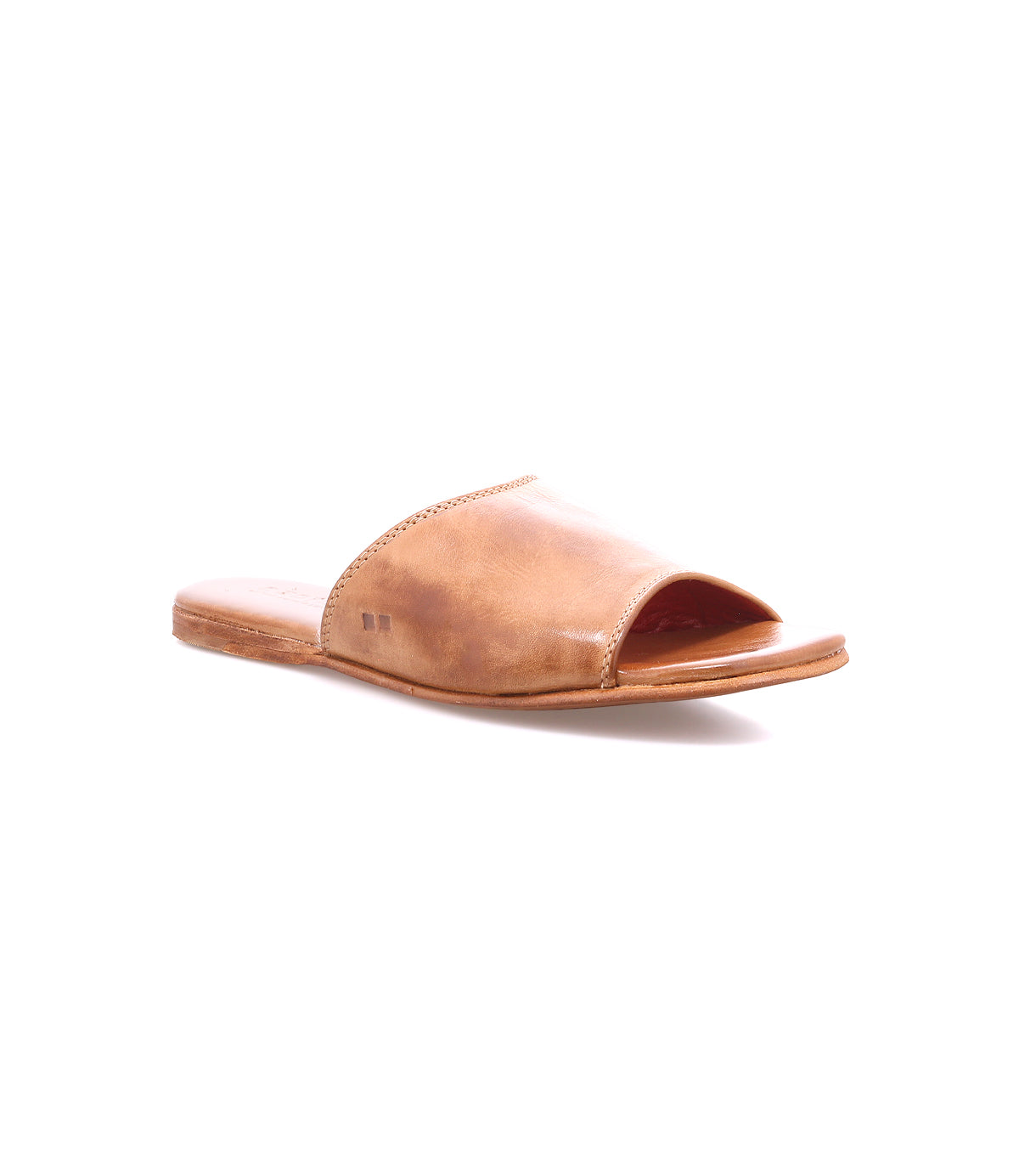 The Gailee slide sandal by Bed|Stü is a comfortable tan leather design featuring an open toe, flat sole, and cushioned footbed, displayed against a white background.