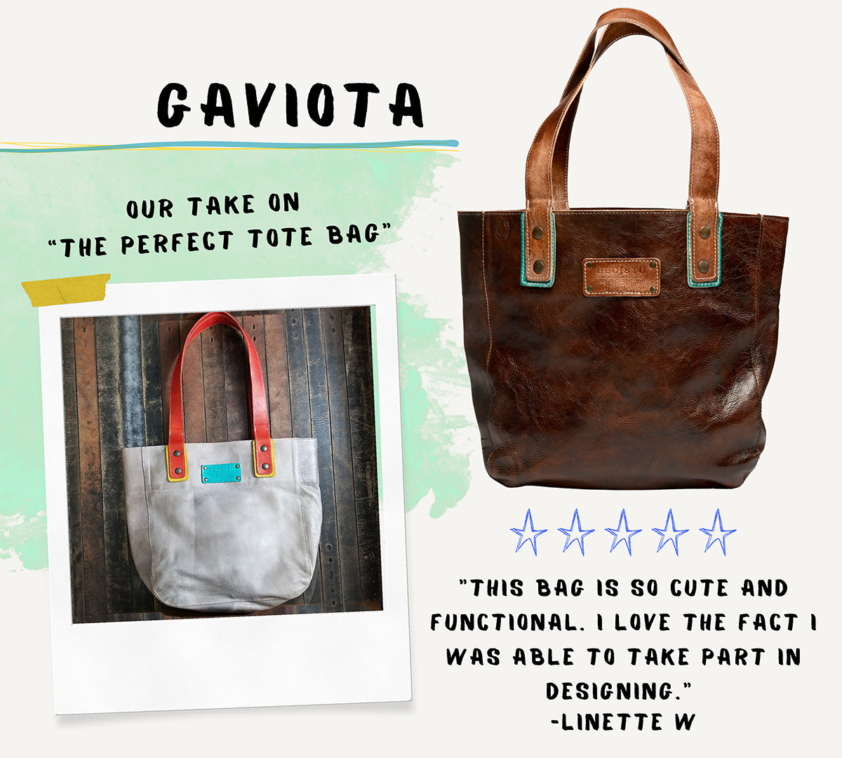 Gaviota customizable handbag grey with teal patch and orange straps. 5 star Review by customer. Our take on the perfect tote. 