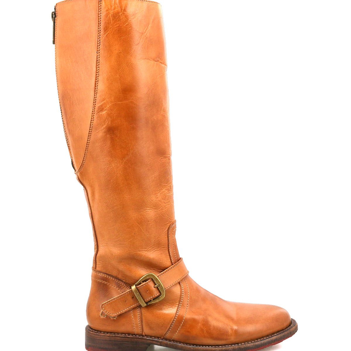 The Bed|Stü Glaye is a tall brown leather equestrian boot, featuring a side zipper and a vintage-inspired decorative buckle strap at the ankle, displayed in a side profile against a white background.