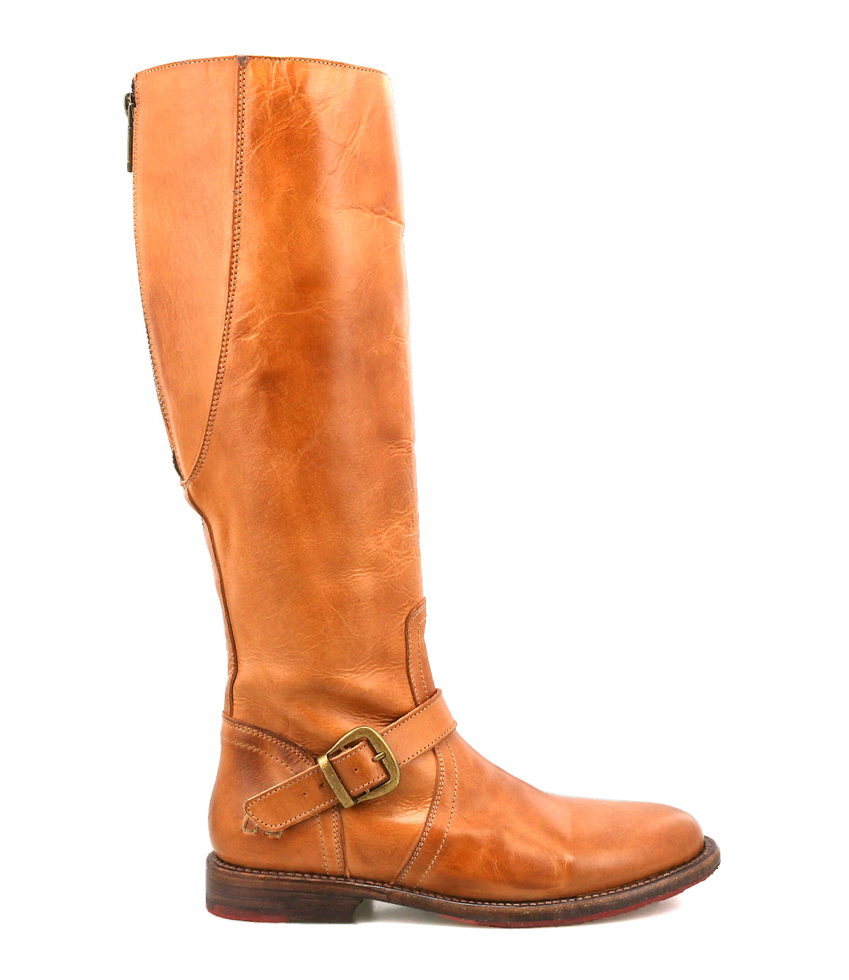 The Bed|Stü Glaye is a tall brown leather equestrian boot, featuring a side zipper and a vintage-inspired decorative buckle strap at the ankle, displayed in a side profile against a white background.