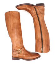 A pair of Glaye tall equestrian boots by Bed|Stü, crafted in rich brown leather with vintage buckle detail and side zippers, shown from side and top-down views against a white background.