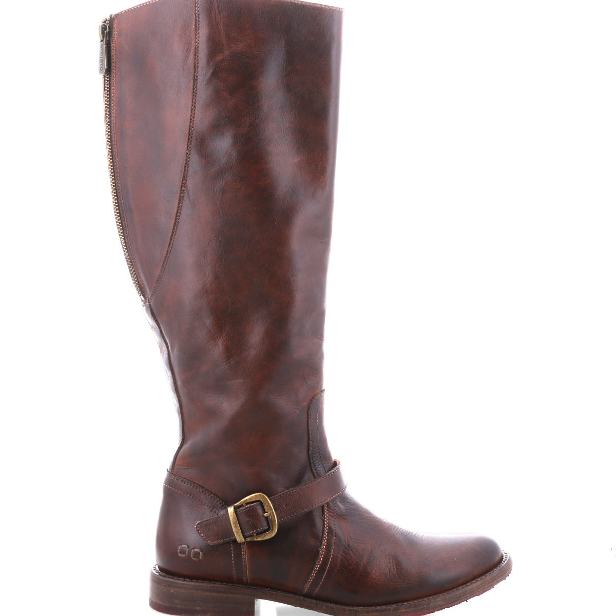 Introducing the Glaye by Bed|Stü: a tall brown leather boot featuring a side zipper and vintage buckle strap around the ankle, showcased on a white background—this timeless equestrian-inspired style is a versatile addition to any wardrobe.
