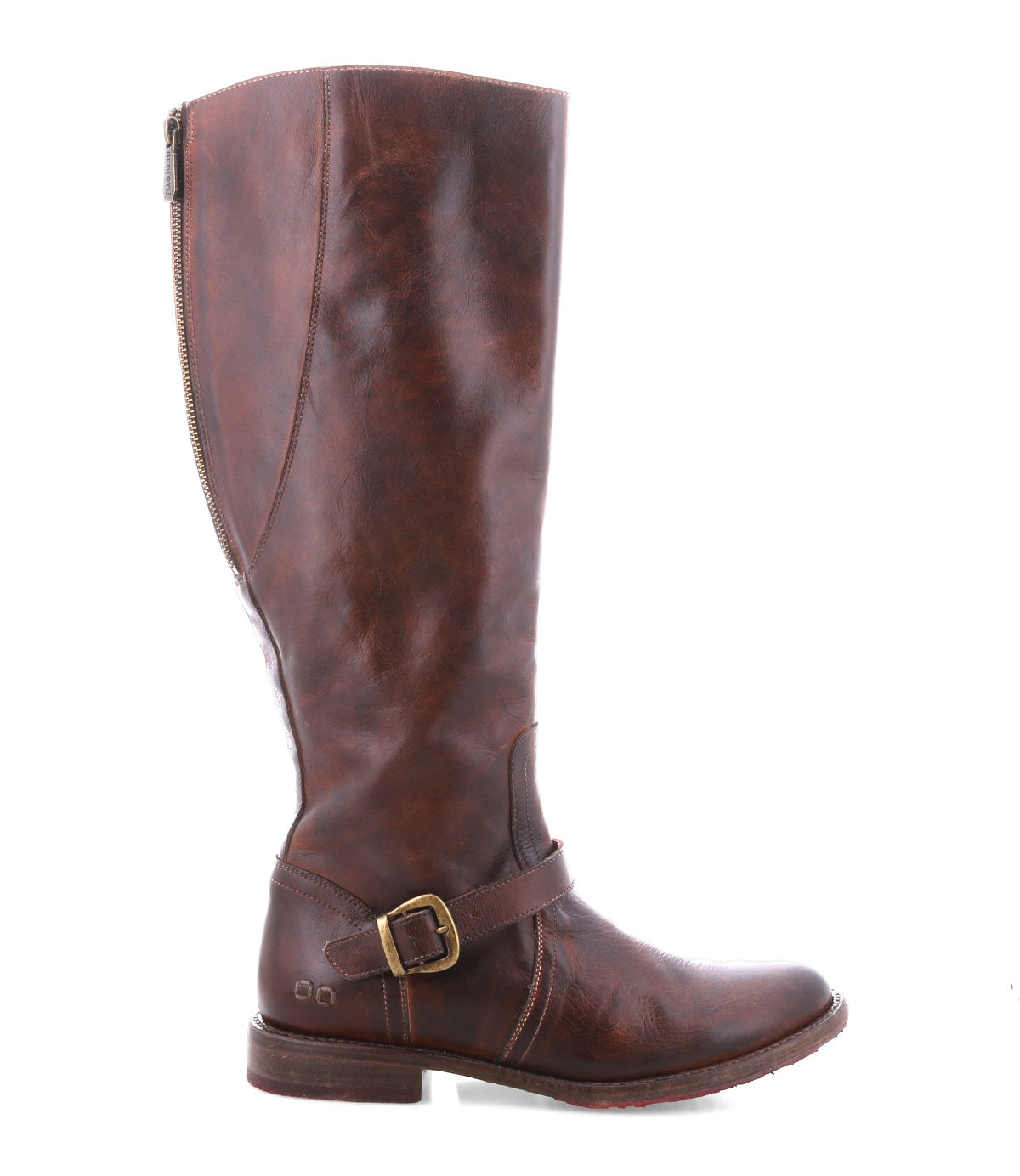 Introducing the Glaye by Bed|Stü: a tall brown leather boot featuring a side zipper and vintage buckle strap around the ankle, showcased on a white background—this timeless equestrian-inspired style is a versatile addition to any wardrobe.
