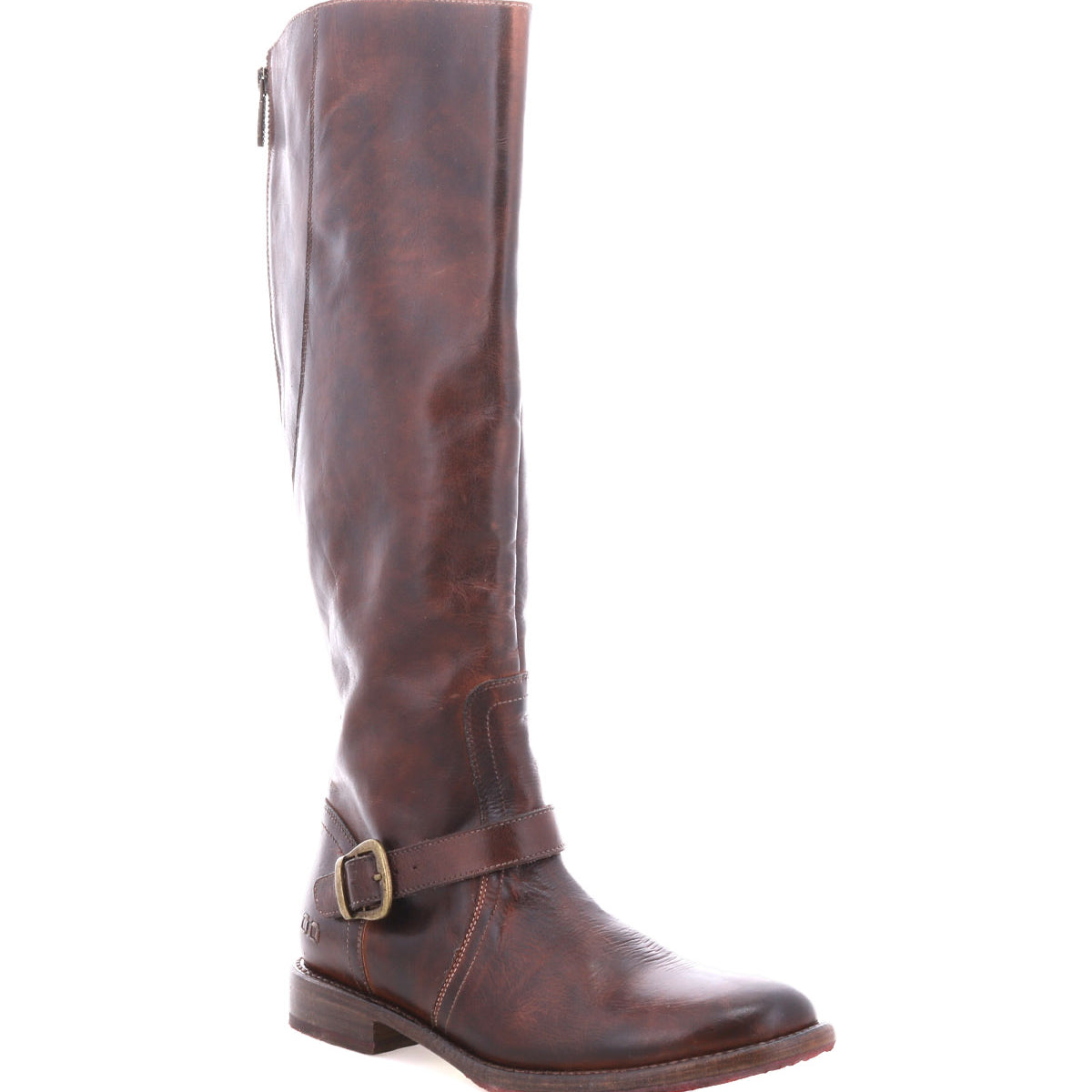 The Glaye by Bed|Stü is a brown leather knee-high equestrian boot featuring a low heel, vintage buckle strap at the ankle, and side zipper, displayed against a white background.