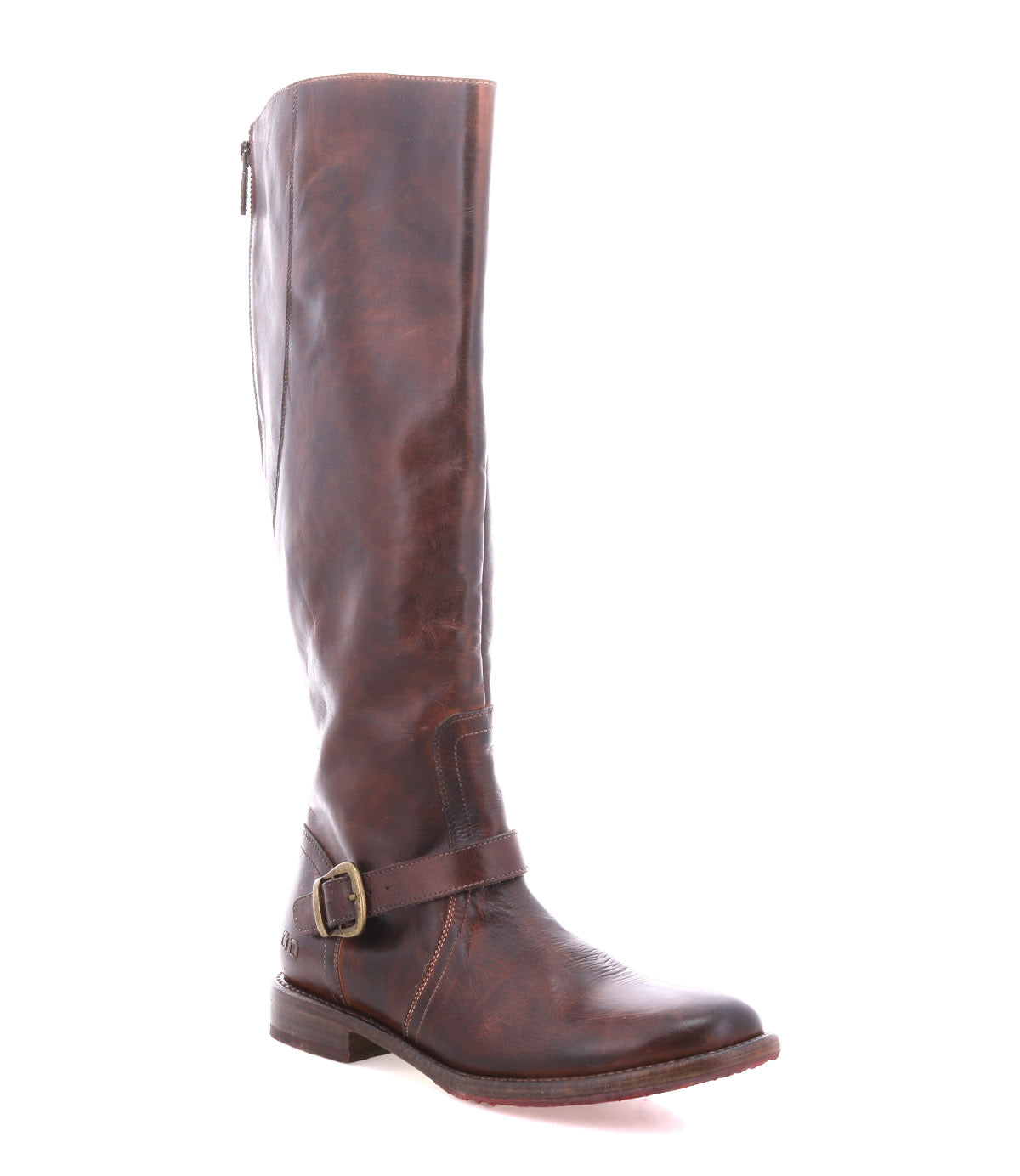 The Glaye by Bed|Stü is a brown leather knee-high equestrian boot featuring a low heel, vintage buckle strap at the ankle, and side zipper, displayed against a white background.