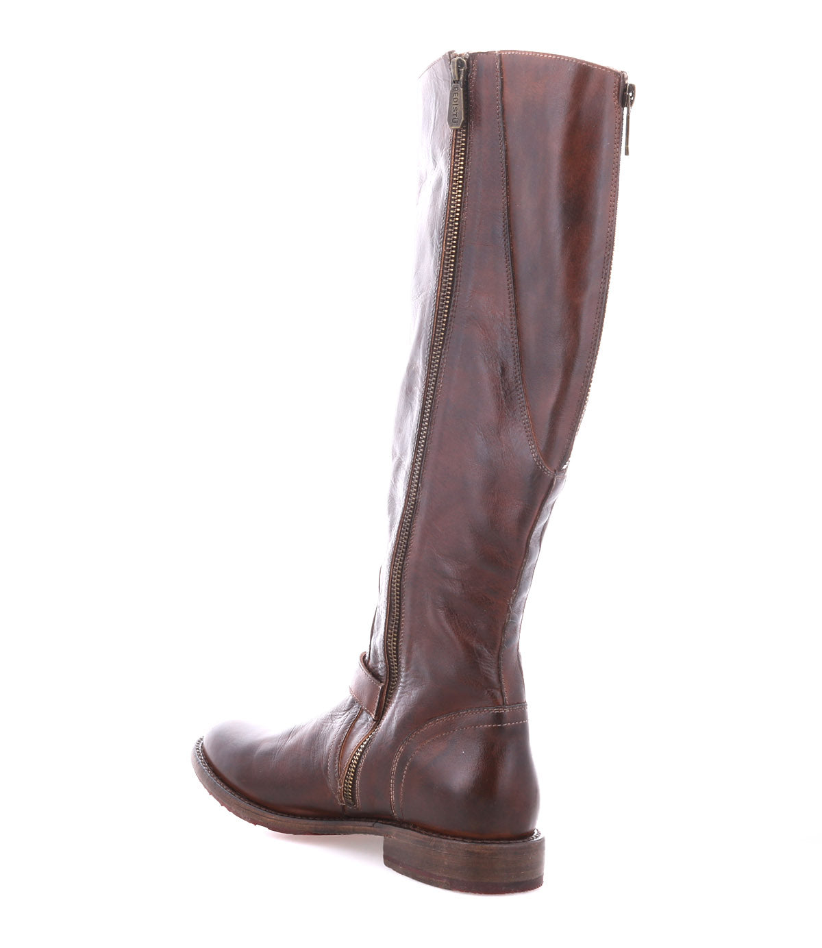 A single Bed|Stü Glaye tall brown leather equestrian boot featuring a vintage buckle and side zipper, shown in a side view against a white background.
