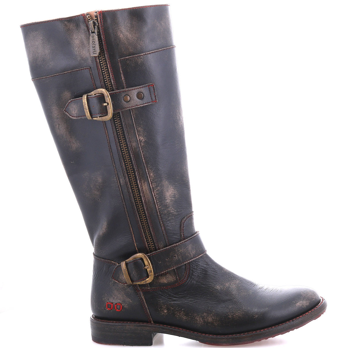 The Bed|Stü Gogo Lug is a tall, distressed black leather engineer boot with two brass buckles and a side zipper, featuring a rugged lug outsole, shown from the side against a white background.