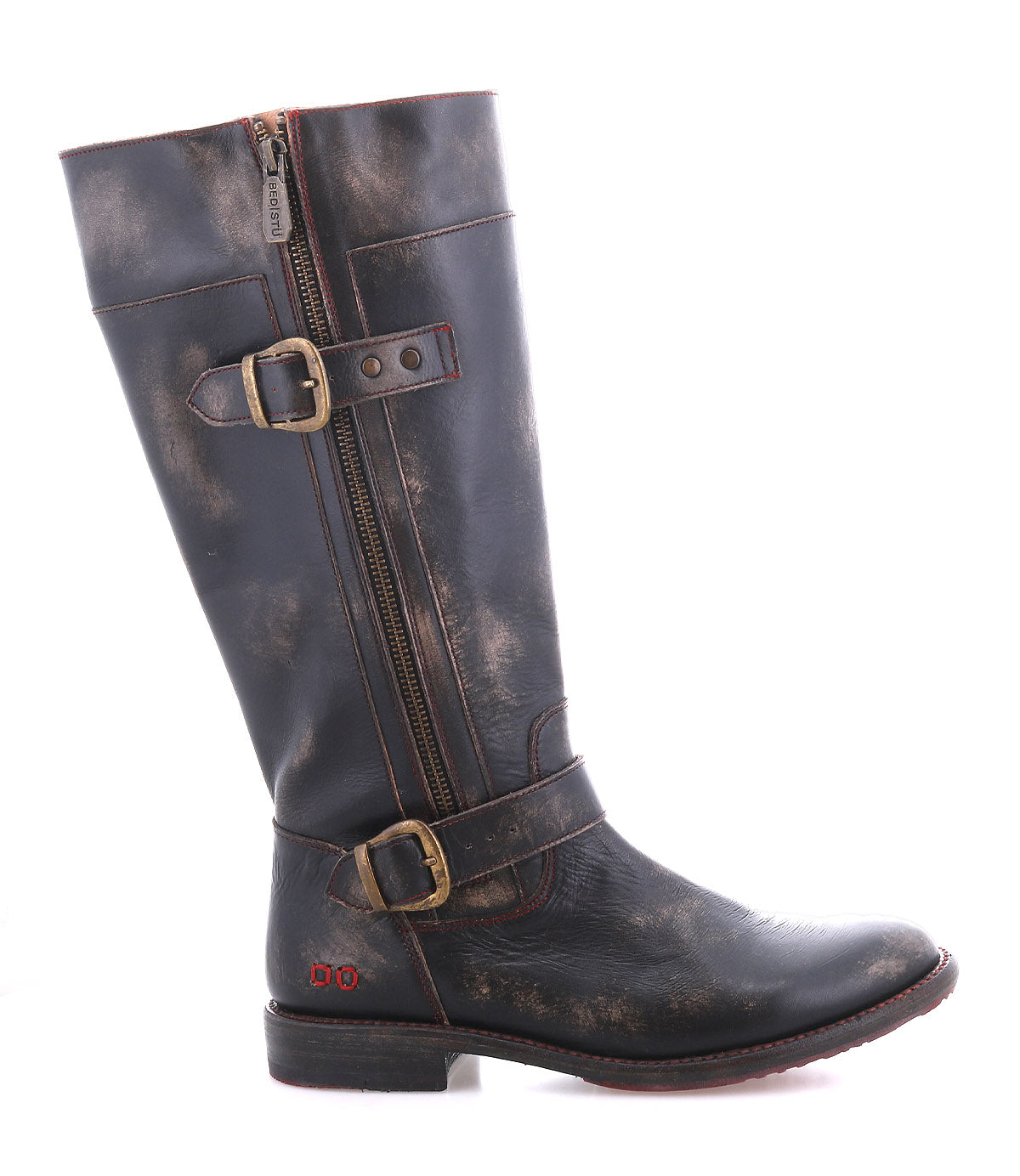 The Bed|Stü Gogo Lug is a tall, distressed black leather engineer boot with two brass buckles and a side zipper, featuring a rugged lug outsole, shown from the side against a white background.