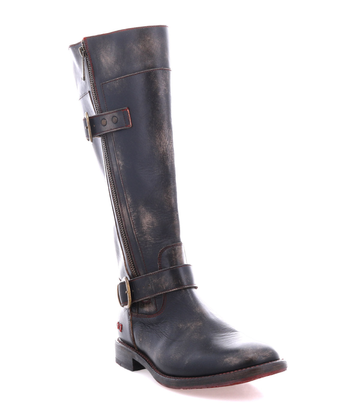 The Bed|Stü Gogo Lug is a tall, black mid-calf leather boot with a slightly worn finish, side zipper, and two buckled straps, featuring a sturdy lug outsole, shown against a white background.