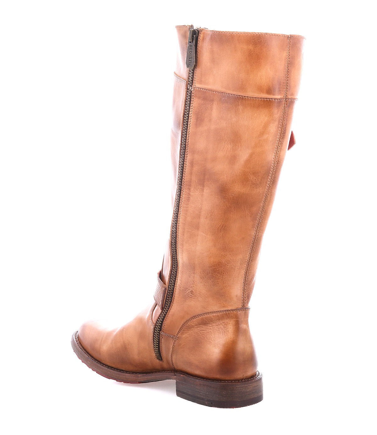 A single Gogo Lug knee-high boot by Bed|Stü in tan leather, showcasing a rugged lug outsole and side zipper, displayed against a white background.