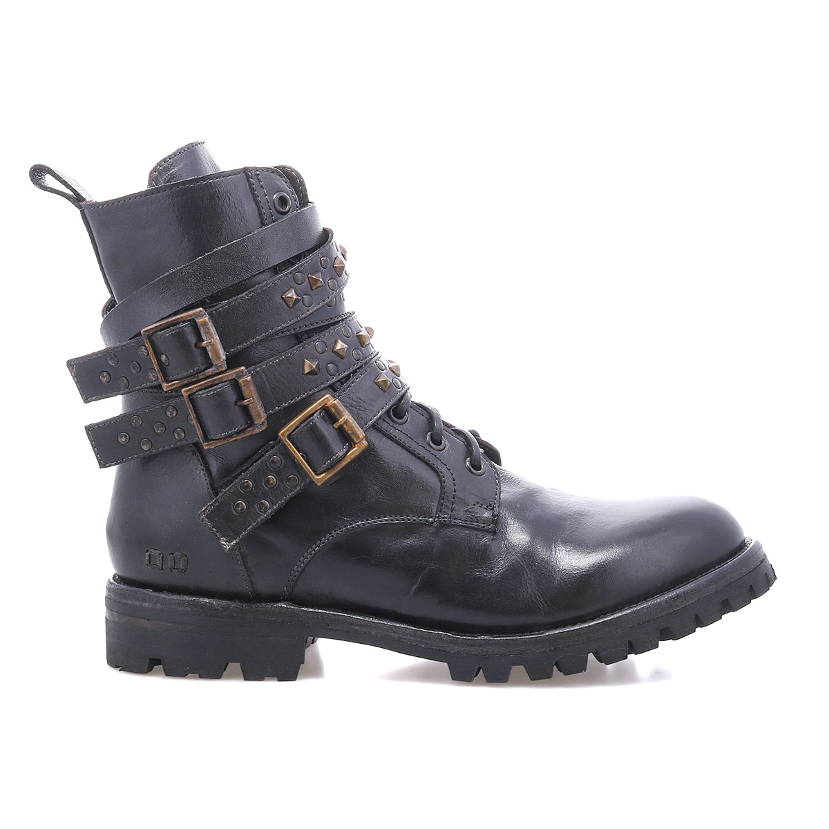 The Bed|Stü Grab is a black leather combat boot featuring three studded buckle straps with metal buckles, a lace-up front, and a chunky Vibram sole for superior traction. Shown in side profile on a white background.