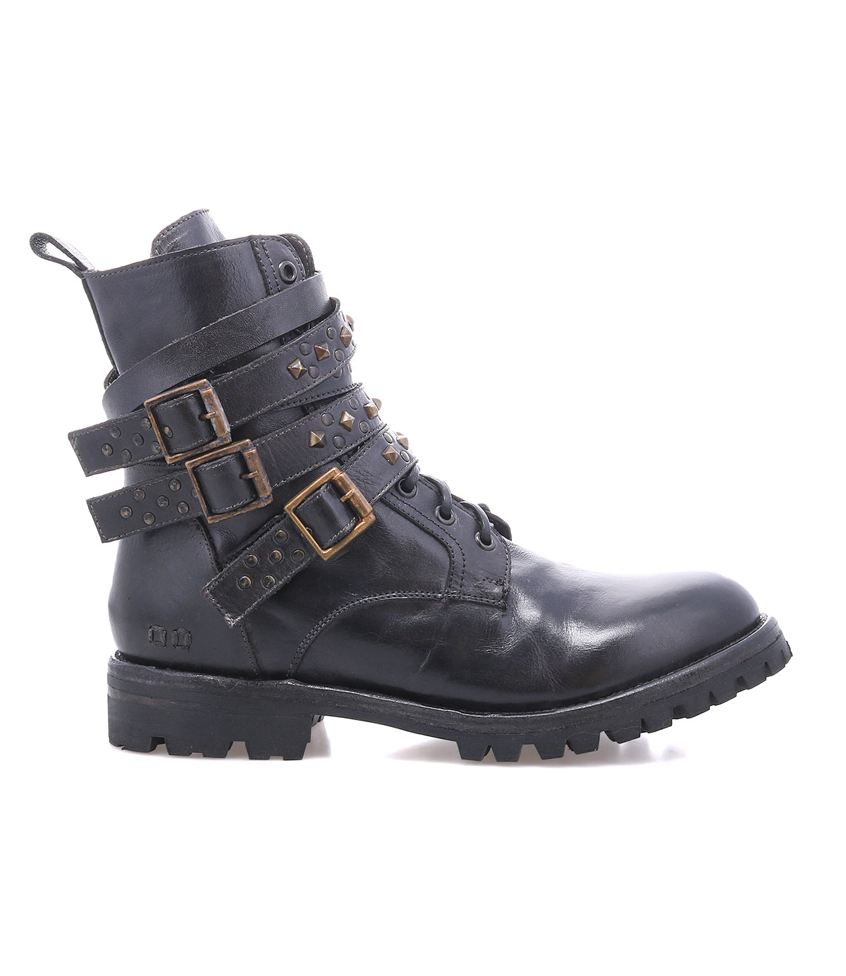 The Bed|Stü Grab is a black leather combat boot featuring three studded buckle straps with metal buckles, a lace-up front, and a chunky Vibram sole for superior traction. Shown in side profile on a white background.