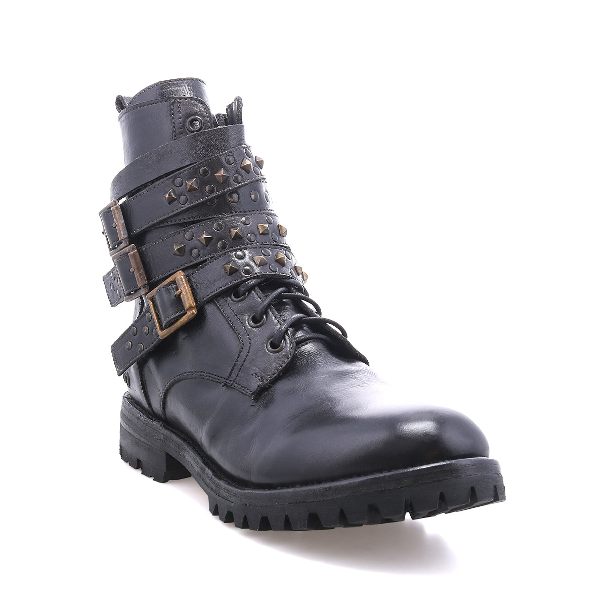 The Bed|Stü Grab is a black leather combat boot featuring three studded buckle straps, metal studs, and a thick Vibram sole, shown against a white background.