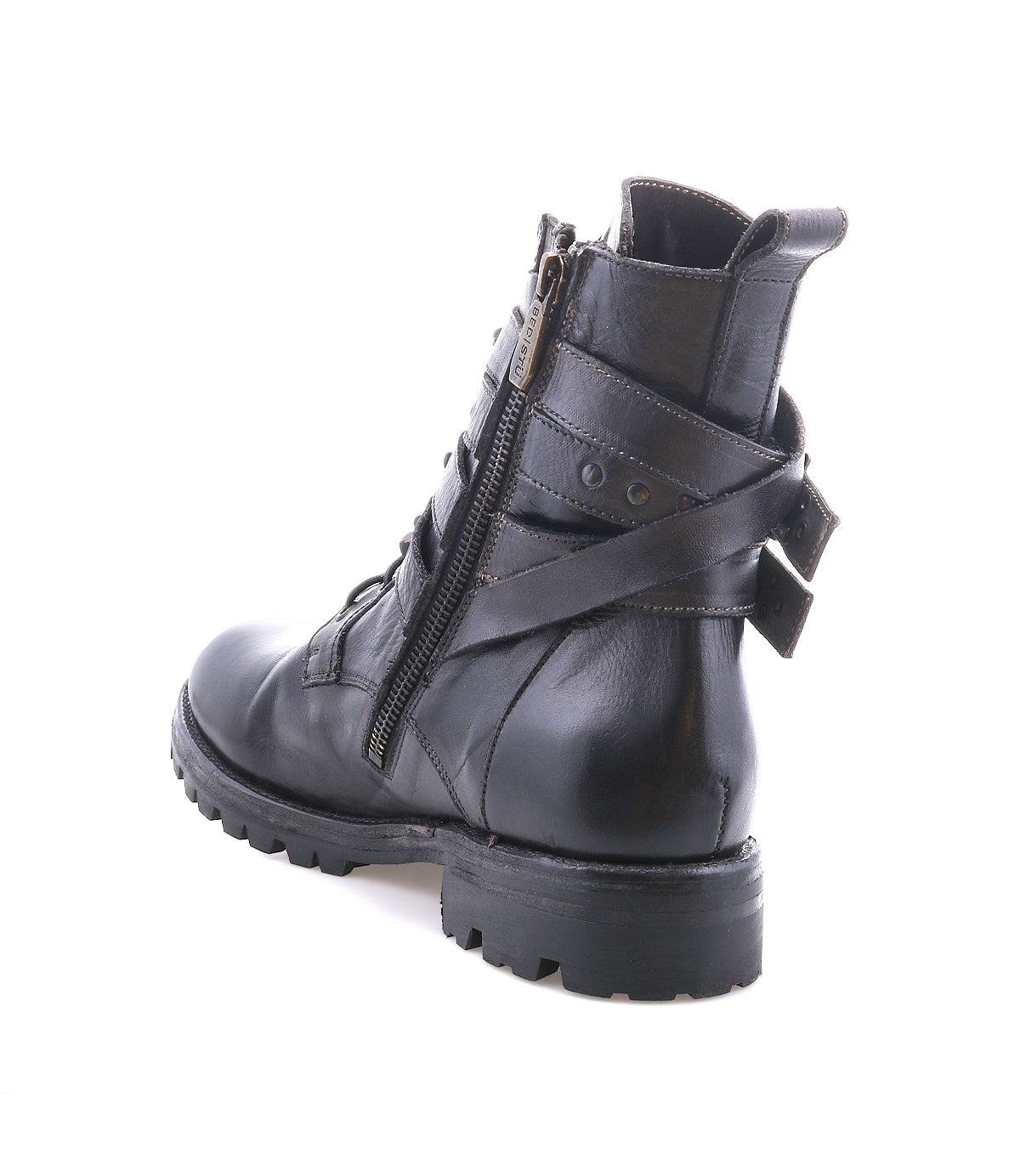 A black leather "Grab" combat boot by Bed|Stü features a side zipper, lace-up front, rugged Vibram sole, and two studded buckle straps at the ankle; shown angled from the back on a white background.
