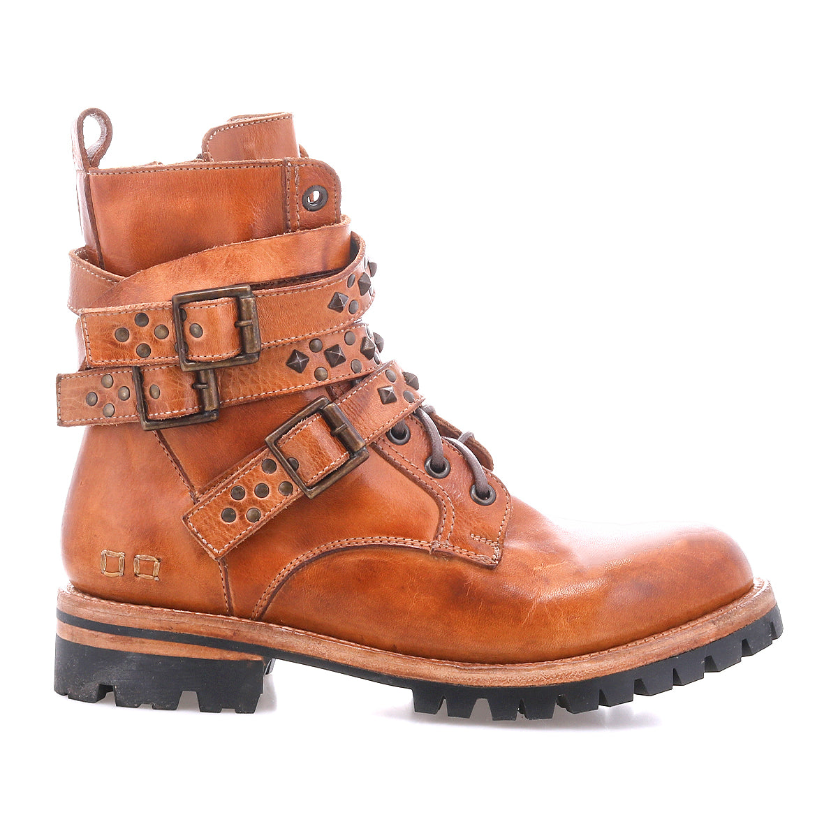 The Bed|Stü Grab boot is a brown leather combat style featuring studded buckle straps, a black Vibram sole, metal eyelets, and decorative studs, displayed in profile facing left against a white background.