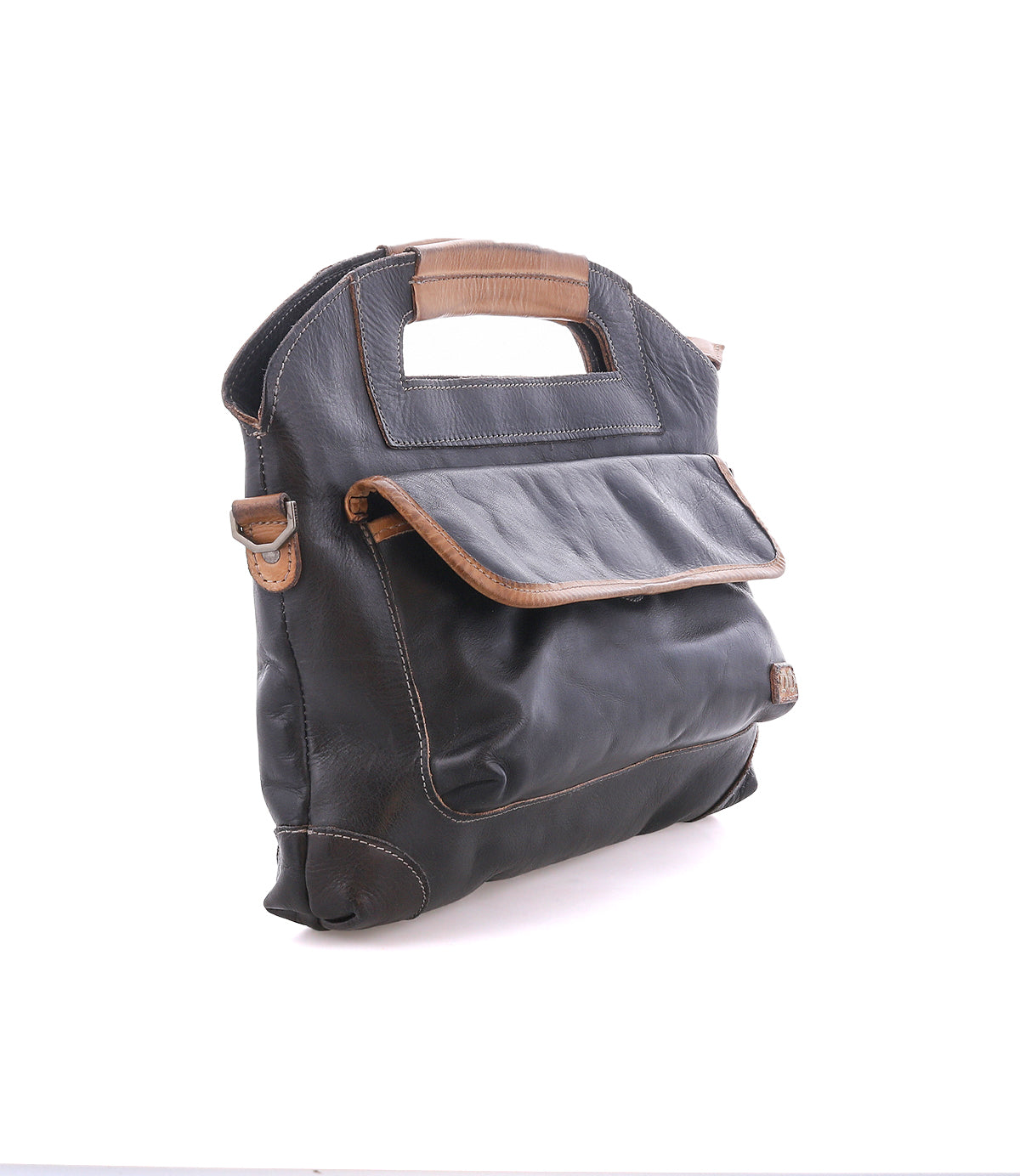 The Greenway by Bed|Stü is a black full-grain leather satchel with brown trim, designed with a front flap, side pocket, rectangular cutout handles, and a convenient zip-top closure. This elegant bag is photographed against a white background.