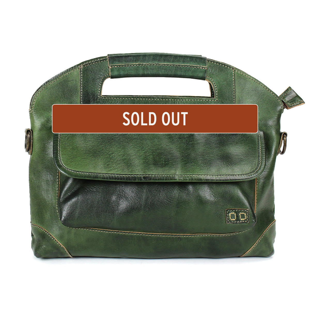 Bed|Stü Greenway messenger bag in dark green full-grain leather, featuring a front flap pocket, top handle, and adjustable crossbody strap. A brown "SOLD OUT" banner is displayed across the center of the bag.