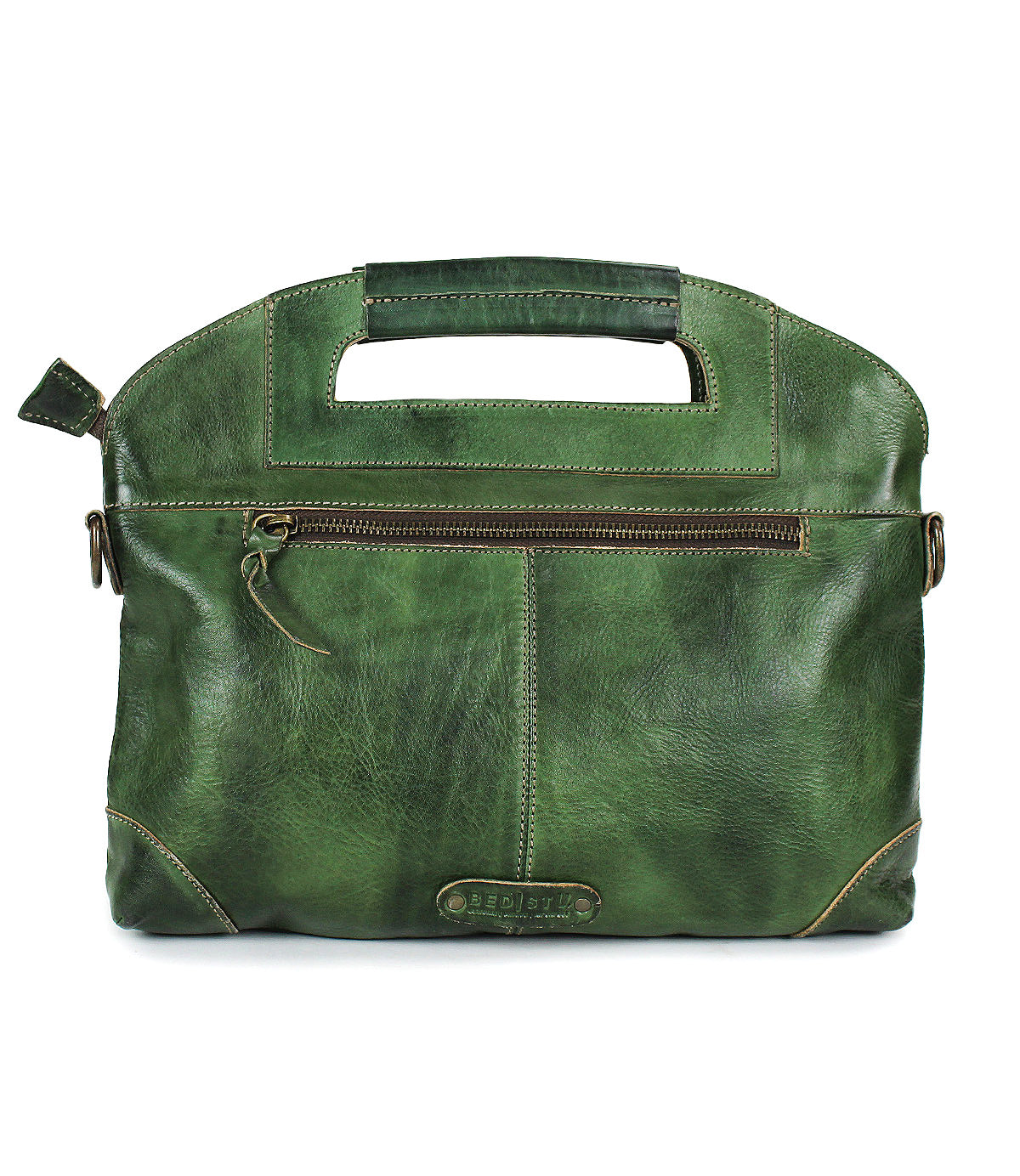 Introducing the Bed|Stü Greenway—a stylish full-grain leather handbag in green, featuring a built-in handle, front zipper pocket, and a small bottom tag embossed with “Deposito.” This versatile design is finished with a secure zip-top closure to keep your essentials safe.