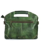 Introducing the Bed|Stü Greenway—a stylish full-grain leather handbag in green, featuring a built-in handle, front zipper pocket, and a small bottom tag embossed with “Deposito.” This versatile design is finished with a secure zip-top closure to keep your essentials safe.