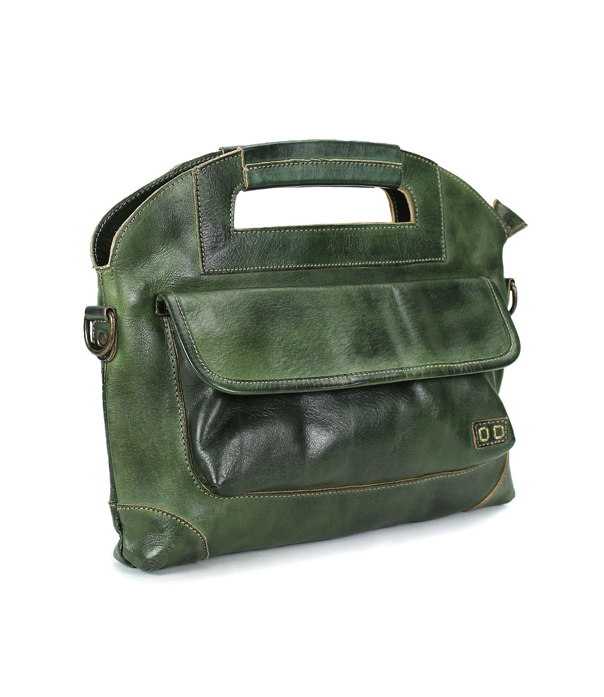 The Bed|Stü Greenway is a green full-grain leather briefcase featuring a built-in handle, prominent front flap pocket, and visible stitching, displayed on a white background. It is designed with a convenient zip-top closure for added security.
