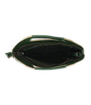 Top view of the Bed|Stü Greenway handbag in green full-grain leather, showing interior compartments, a zipper pocket, and side pockets against a white background.