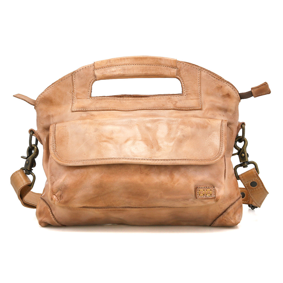 Introducing the Greenway by Bed|Stü: a tan leather handbag expertly crafted from luxurious full-grain leather, featuring a built-in handle, a front flap pocket, and an adjustable crossbody strap with metal clasps for versatile carrying options.