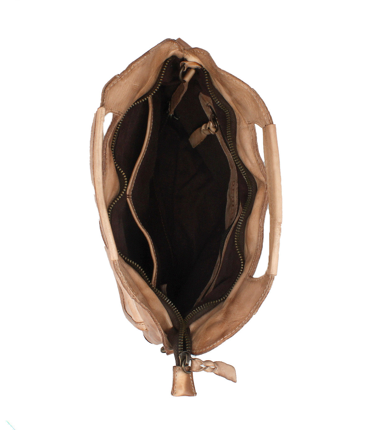 Top view of an open Bed|Stü Greenway full-grain leather handbag in tan, showcasing multiple zippered compartments, a zip-top closure, and a dark fabric interior.