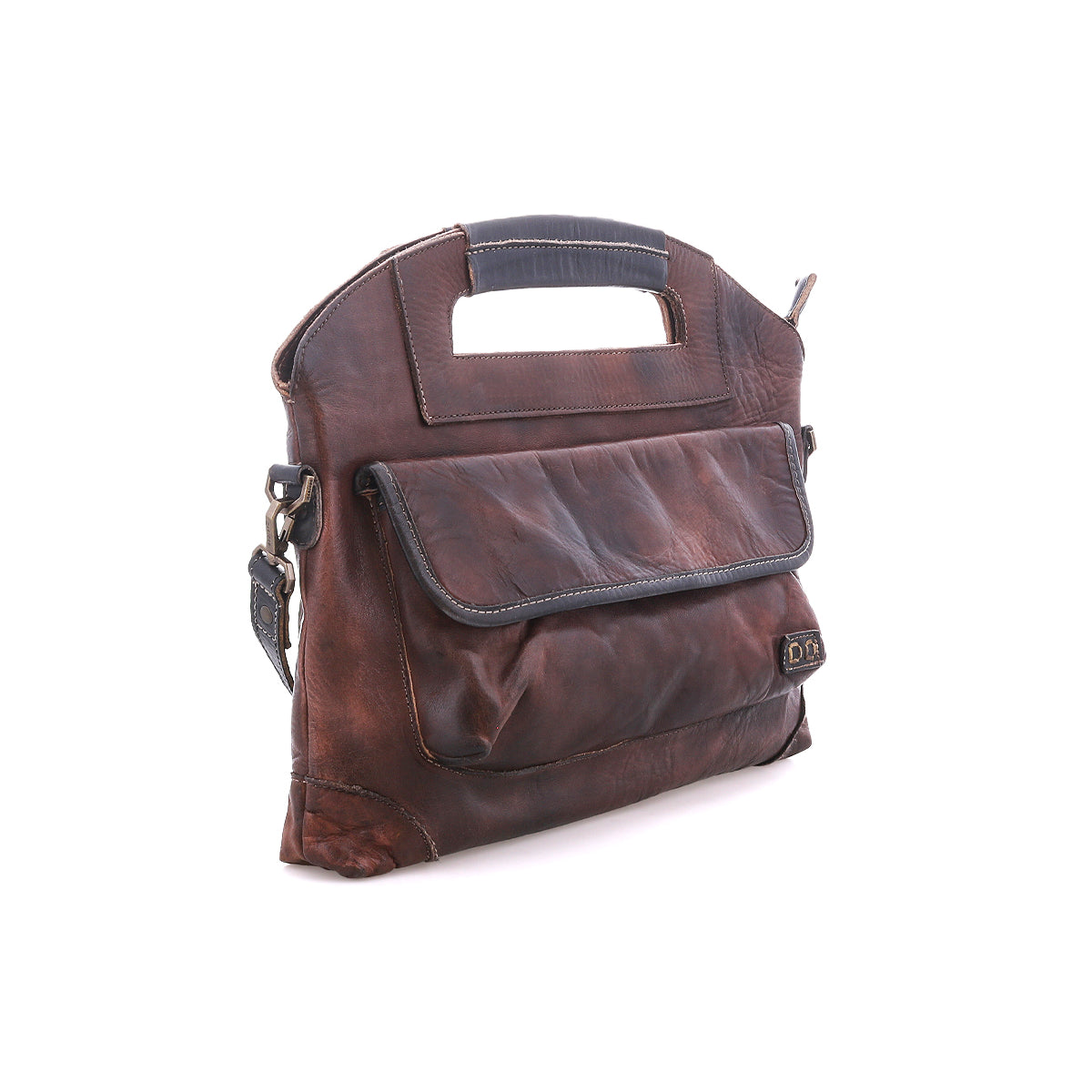 Bed|Stü Greenway full-grain leather satchel in brown, featuring a handle cutout, front flap pocket, and crossbody strap, photographed on a white background.